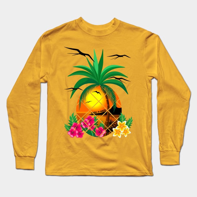 Pineapple Tropical Sunset, PalmTree and Flowers Long Sleeve T-Shirt by BluedarkArt